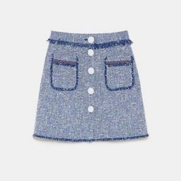 New + Tag ~ Zara Blue Tweed Fringe Skirt (M-L) - Picture 2 of 7